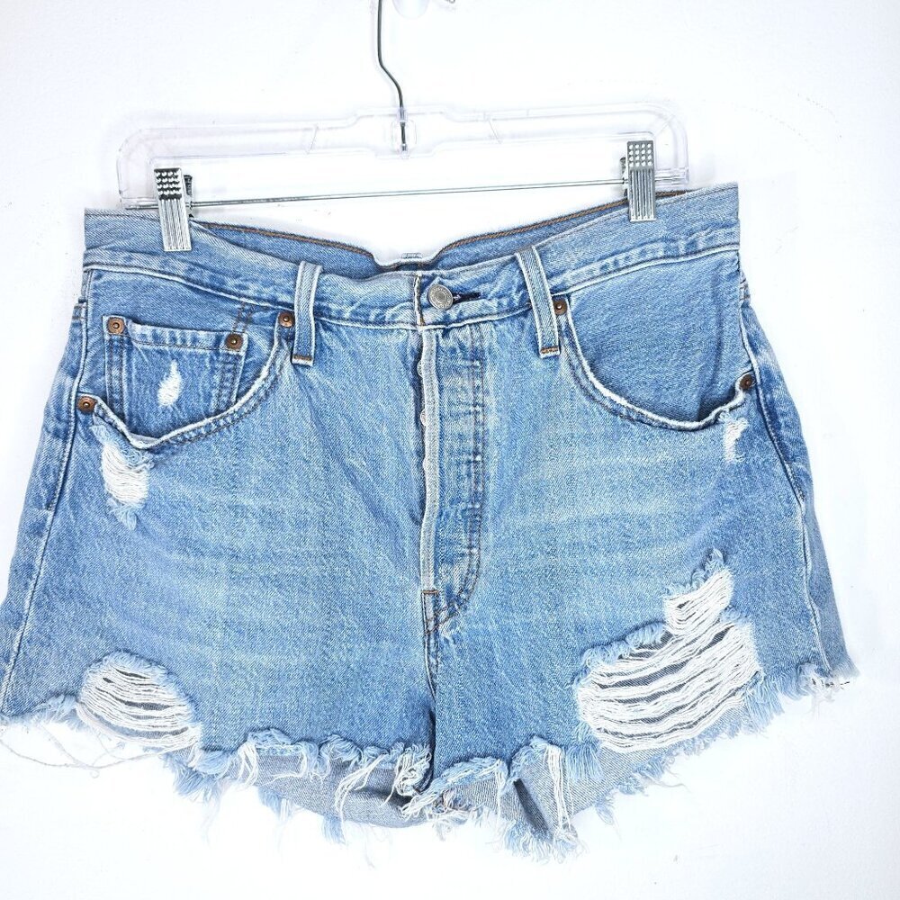 Levis 501 Button Fly Distressed Cut Off Denim Shorts